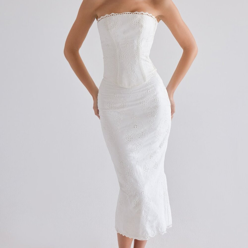 House of CB White Cotton Midi Skirt